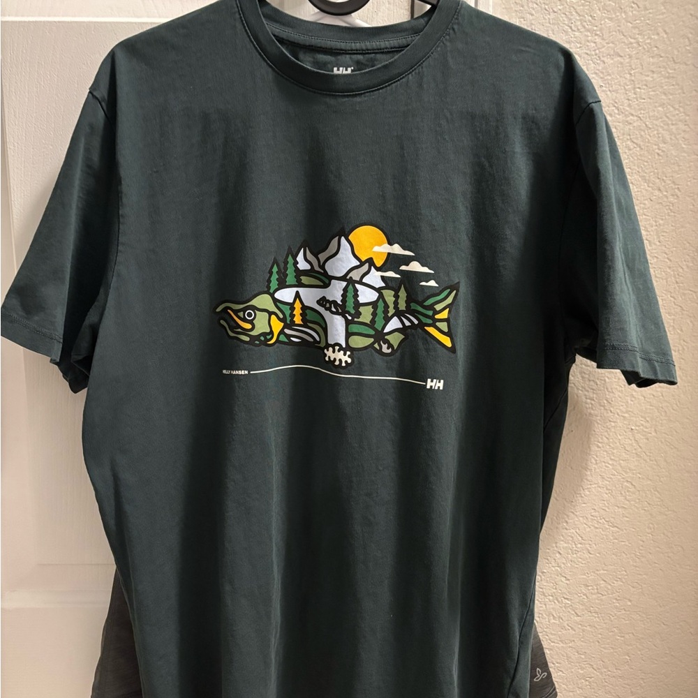Helly Hansen Dark Green Short-Sleeve Tee with Mountain Fish Graphic